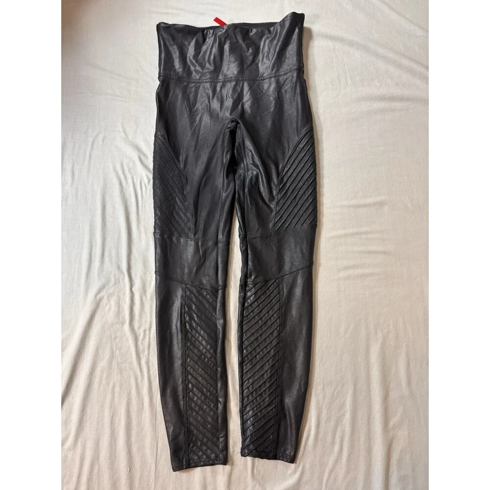 Spanx Leggings Large Faux Leather Moto Metallic Contoured Biker Baddie - Picture 2 of 7